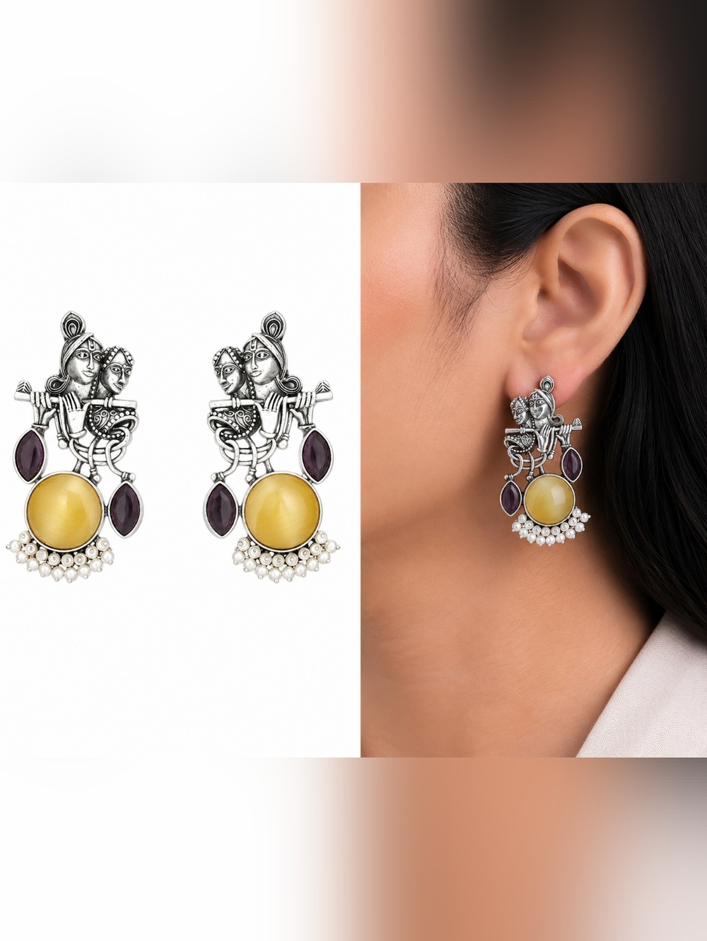 Silver-Tone Yellow & Purple Folk Motif Drop Earrings